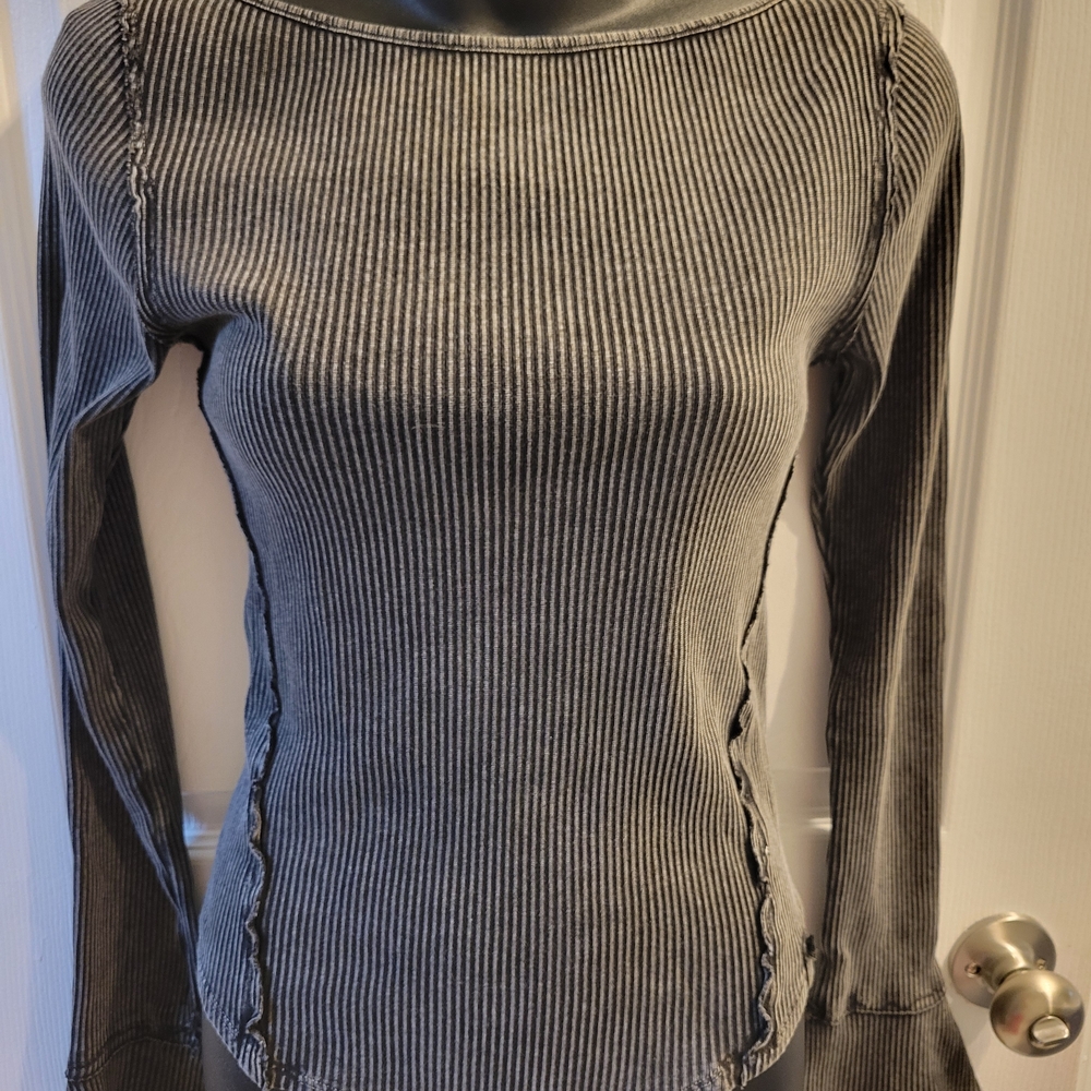 Free People Black and Gray Ribbed Long Sleeve Top